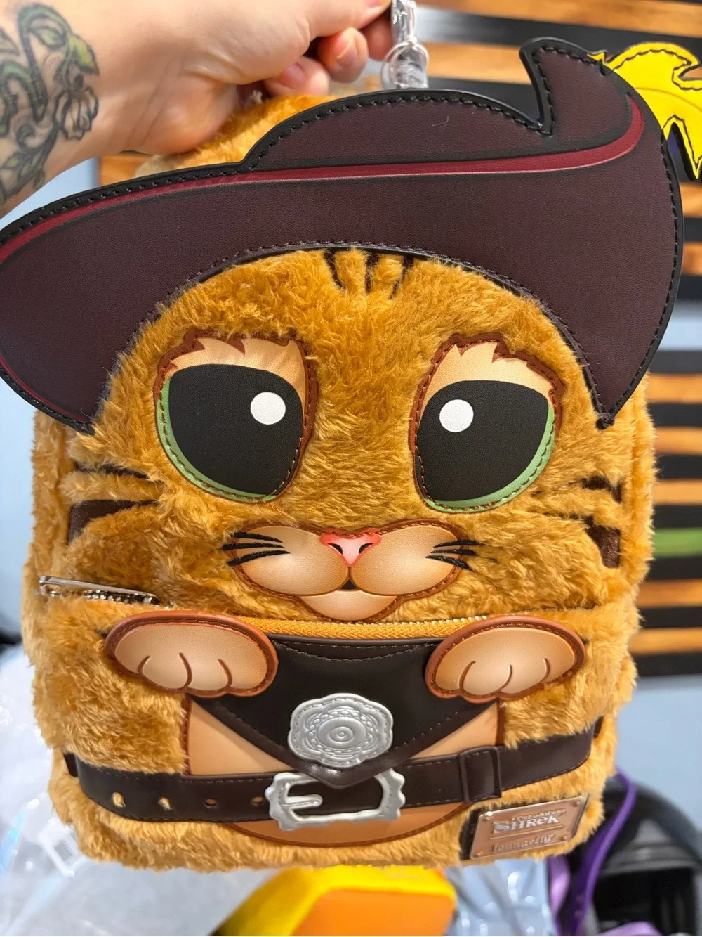 Loungefly Puss in Boots Plush Mini Backpack in Brown, Black, Green